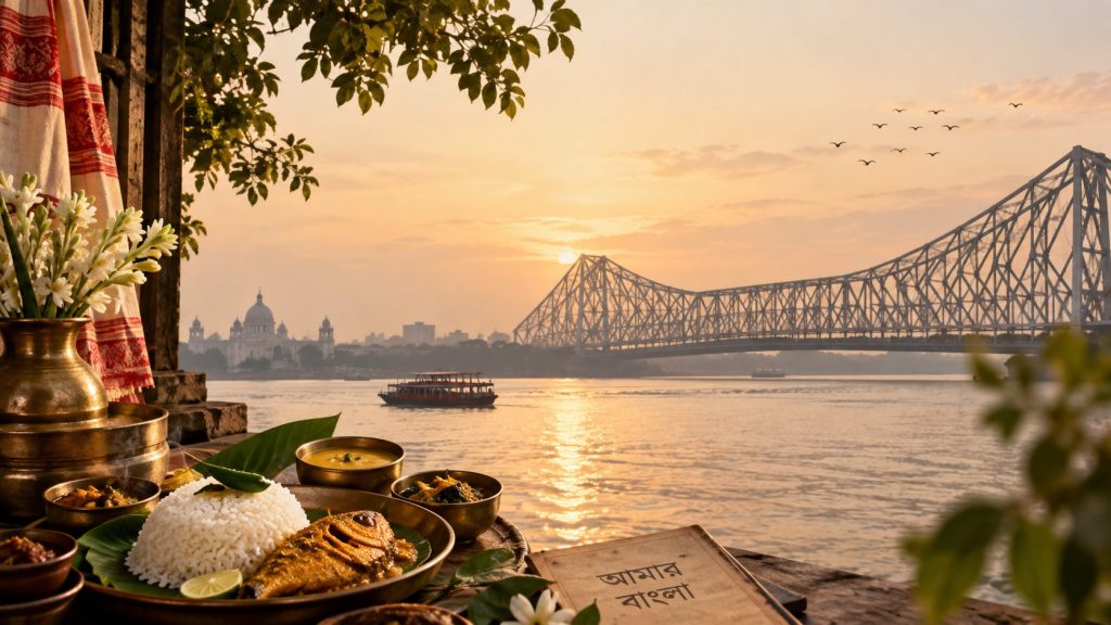 Bengali thali of rice and fish curry served beside the Hooghly river, with the Howrah Bridge and Kolkata skyline at sunrise